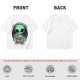 Olive green t-shirt with alien eating pizza text Just Here For The Pizza