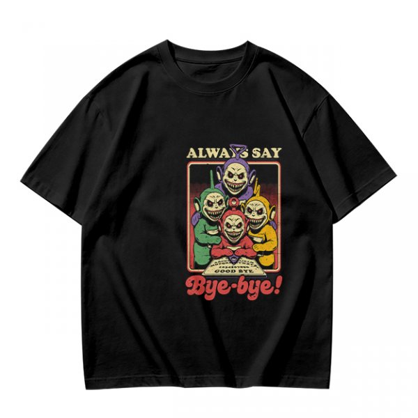 Olive t-shirt with creepy Teletubbies 'Always Say Bye-bye' print