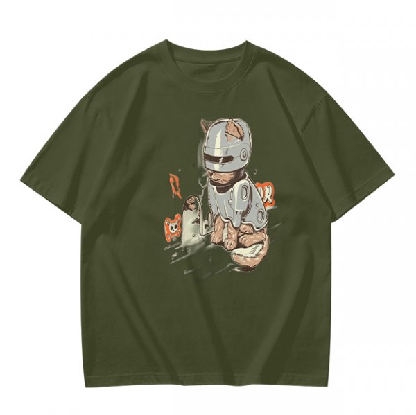 Olive Green T-Shirt With Cat In Robot Helmet Graphic Print