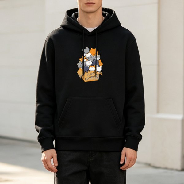 Black hoodie with a pile of cartoon cats in a box graphic
