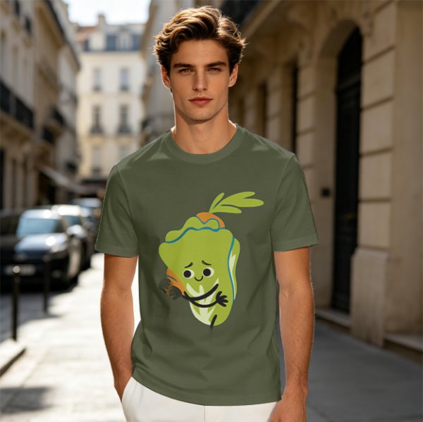 Olive Green T-Shirt With Sad Cartoon Cabbage Graphic