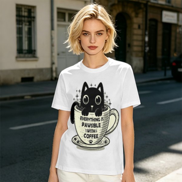 Olive T-Shirt With Black Cat In Coffee Cup 'Everything Is Pawsible With Coffee' Print
