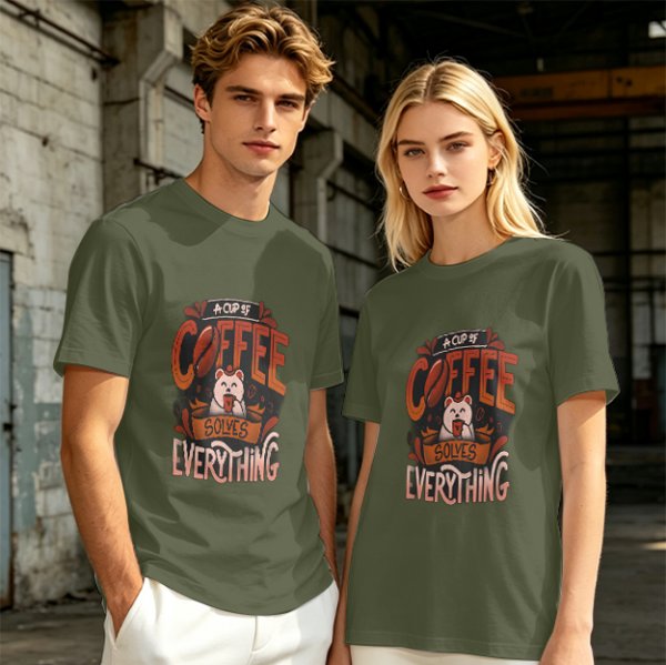 Olive t-shirt with coffee bear graphic that says a cup of coffee solves everything