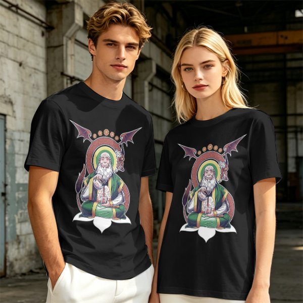 Olive T-Shirt With Meditating Wise Old Man And Dragon Art Print