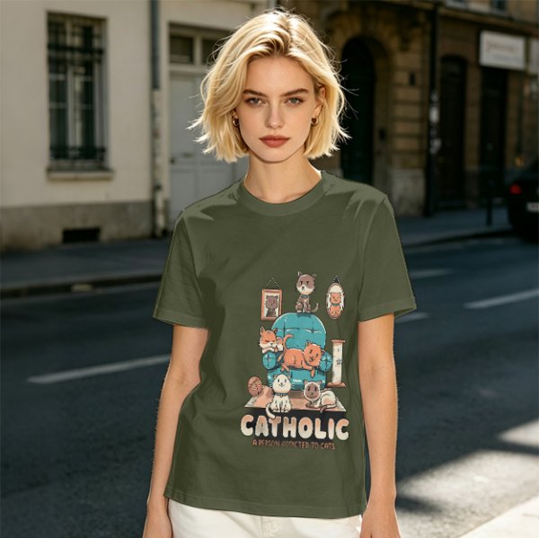 Olive T-Shirt With Funny Cat Graphic 'Catholic' Print