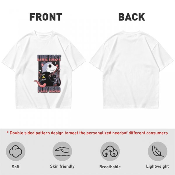 Olive t-shirt with live fast play dead opossum biker graphic