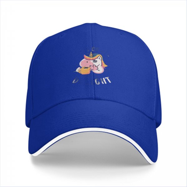 Black baseball cap with a unicorn holding a coffee mug graphic