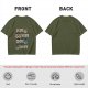 Olive green graphic tee with coffee cup illustrations and playful coffee text