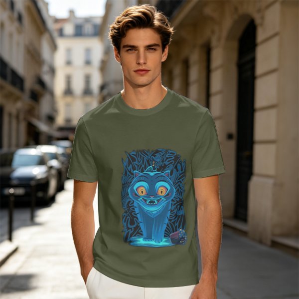 Olive T-shirt with Glowing Blue Cheshire Cat Graphic