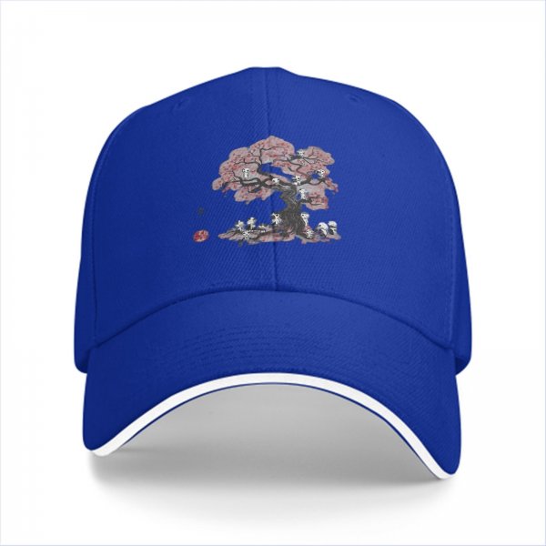 Black baseball cap with cherry blossom tree and skulls graphic