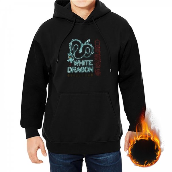 Black hoodie with white dragon neon graphic and text print