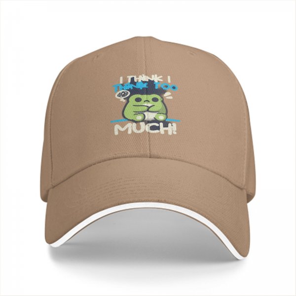 Black baseball cap with 'I think I think too much' anxious frog graphic