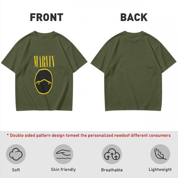 Olive T-Shirt with Marvin Text and Simple Face Graphic