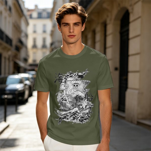 Olive T-shirt with One Piece Going Merry Ship Ink Art Print