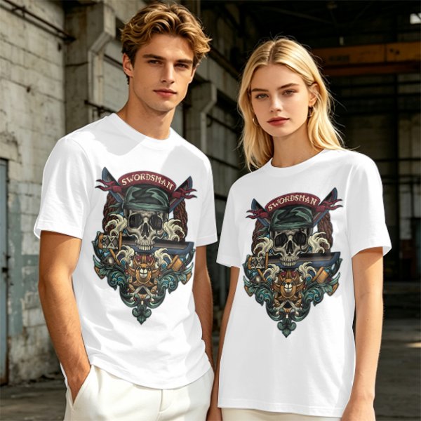 Olive Green Swordsman Skull Graphic Short Sleeve T-Shirt