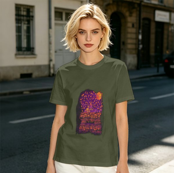 Olive T-Shirt with Purple Sunset Boat Scene Graphic