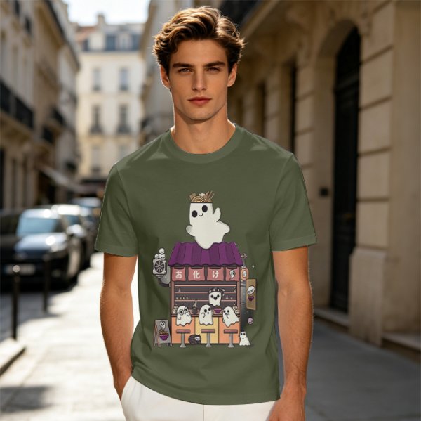 Olive T-Shirt With Ghost Ramen Shop Graphic
