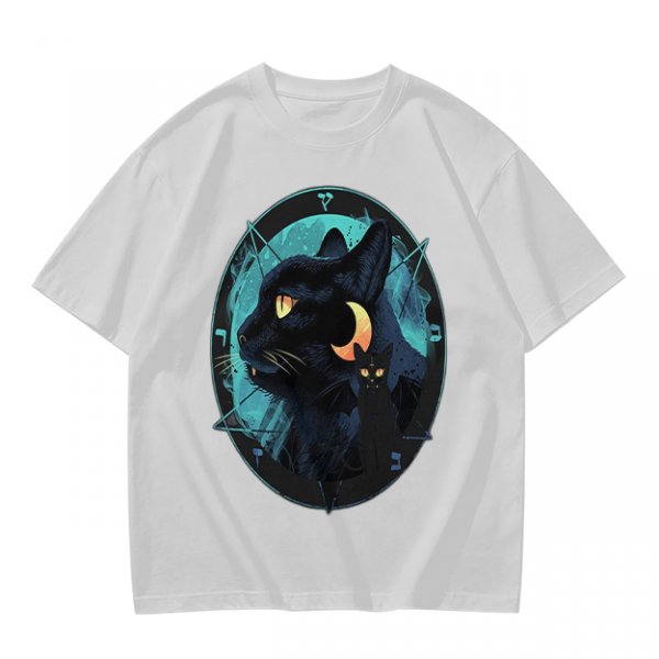 Olive T-Shirt With Black Cat And Crescent Moon Graphic