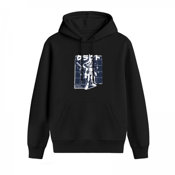 Black hoodie with anime robot graphic and Japanese text print