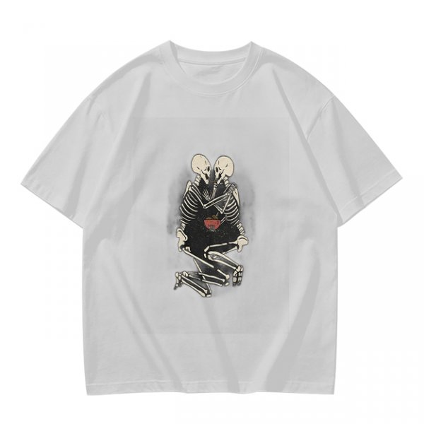 Olive T-Shirt With Skeleton Couple Embracing Red Heart Print