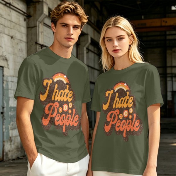 Olive Green Retro Graphic T-Shirt with "I Hate People" Print
