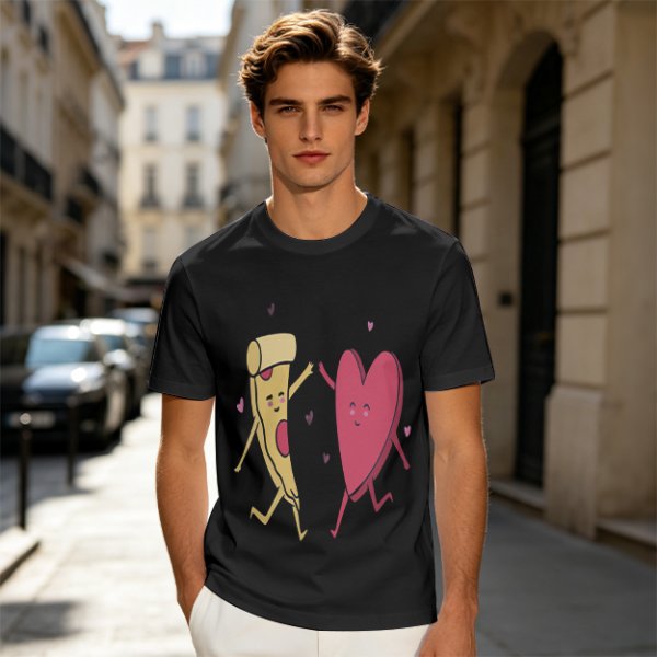 Olive T-Shirt with Dancing Pizza Slice and Heart Graphic