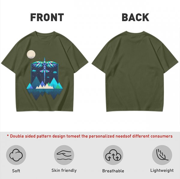 Olive T-Shirt With Geometric Dragonfly Mountain Night Scene Print
