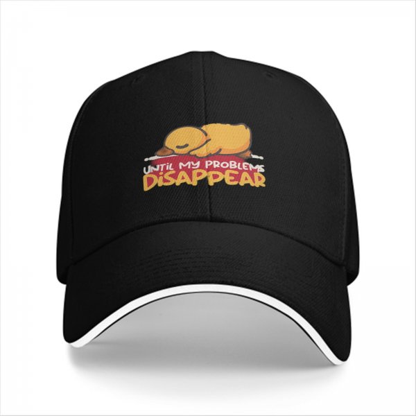 Black baseball cap with sleeping duck graphic and 'Until My Problems Disappear' text