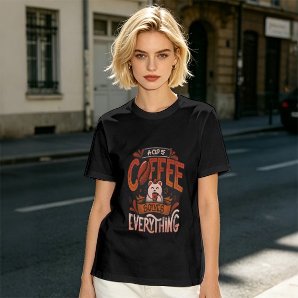 Olive t-shirt with coffee bear graphic that says a cup of coffee solves everything