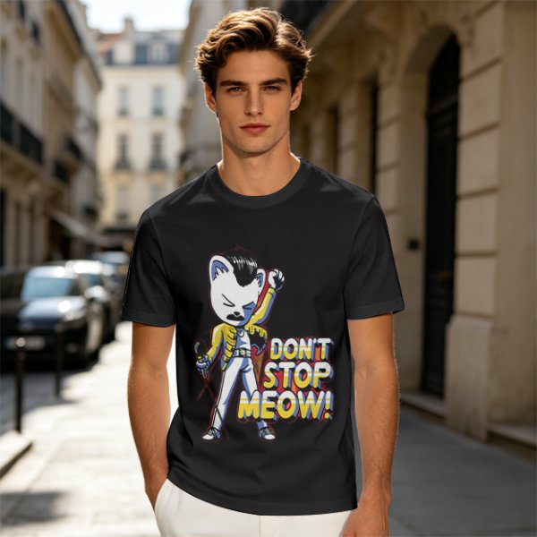 Olive graphic t-shirt with cat Freddie Mercury 'Don't Stop Meow' print