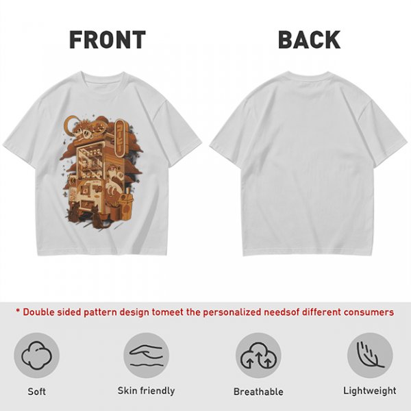 Olive T-Shirt with Coffee Vending Machine and Cats Graphic