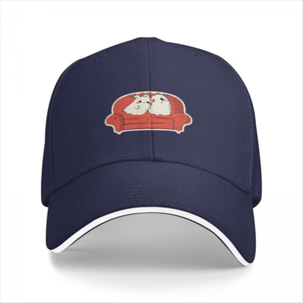 Black baseball cap with cute ghost unicorns sitting on red couch print