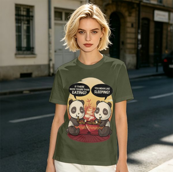 Olive t-shirt with pandas debating life beyond eating and sleeping