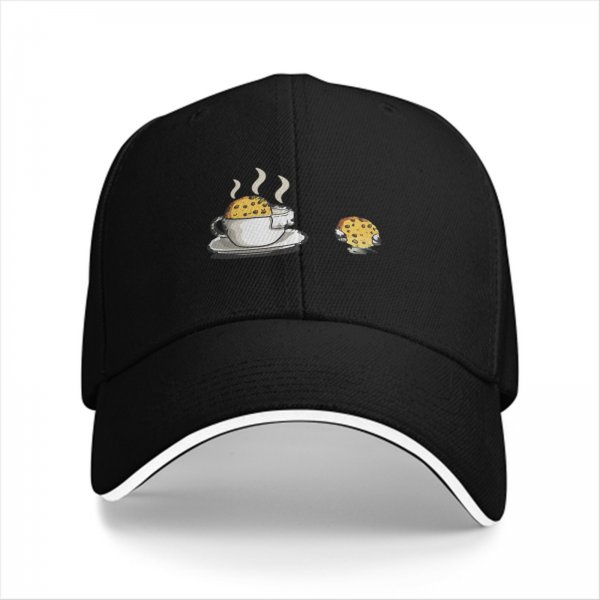 Black Baseball Cap with Coffee and Cookie Graphic Design