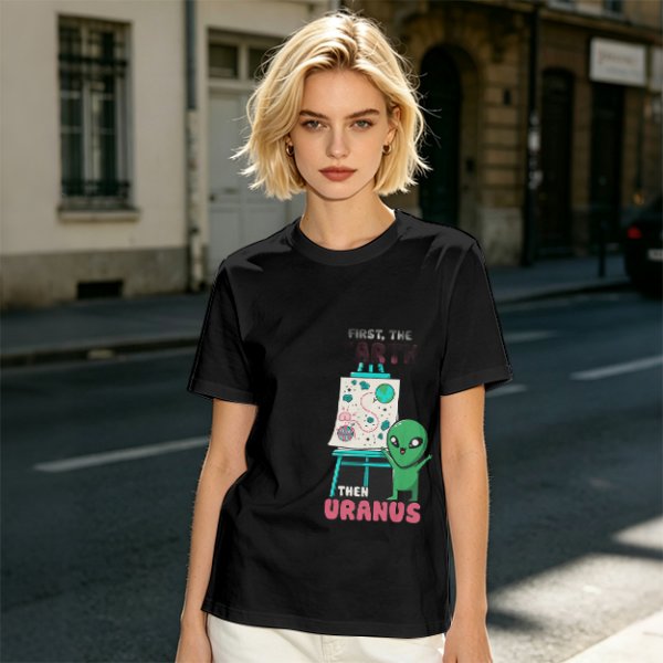 Olive green graphic tee with alien painting 'First the Earth Then Uranus'