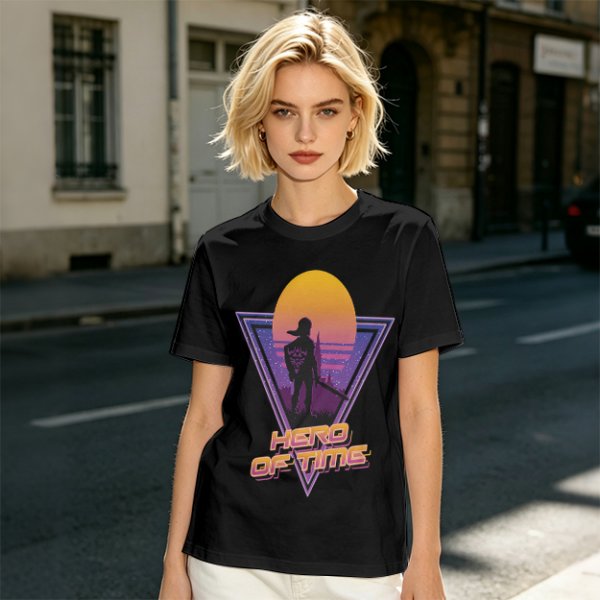 Olive green retro sunset graphic t-shirt with Hero of Time print
