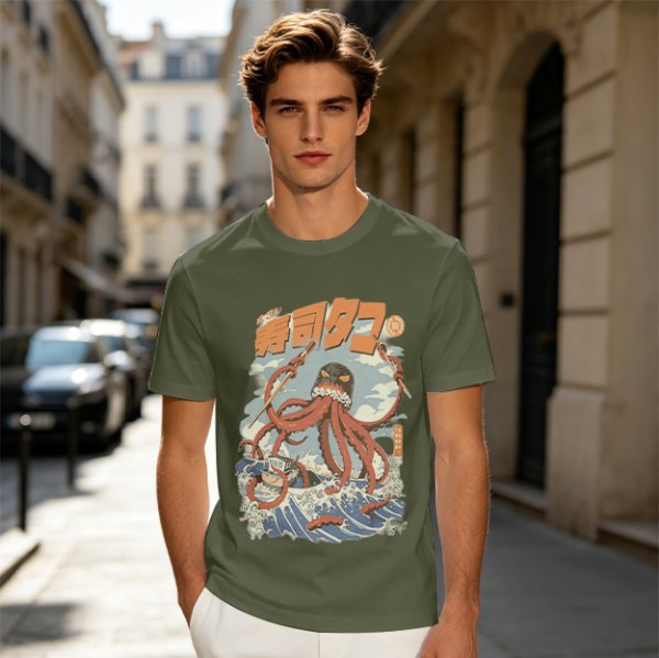 Olive t-shirt with Japanese octopus sushi warrior wave graphic