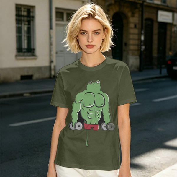 Oversized Army Green T-Shirt With Muscular Frog Lifting Dumbbells Print