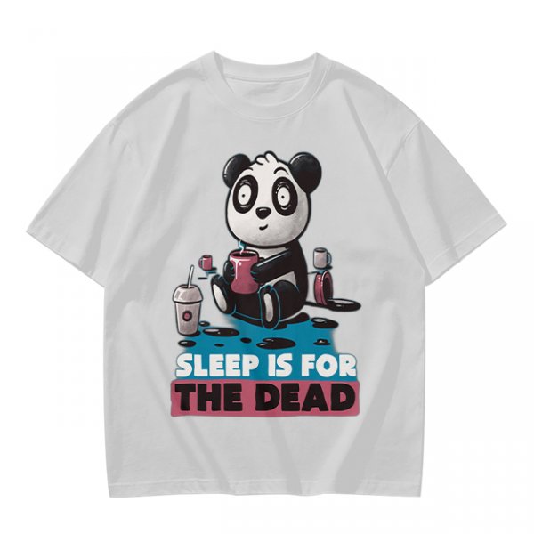 Olive t-shirt with panda drinking coffee and 'Sleep is for the dead' text