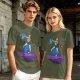 Olive T-shirt with Art Print of Girl Holding Blue Creature on Floating Rock
