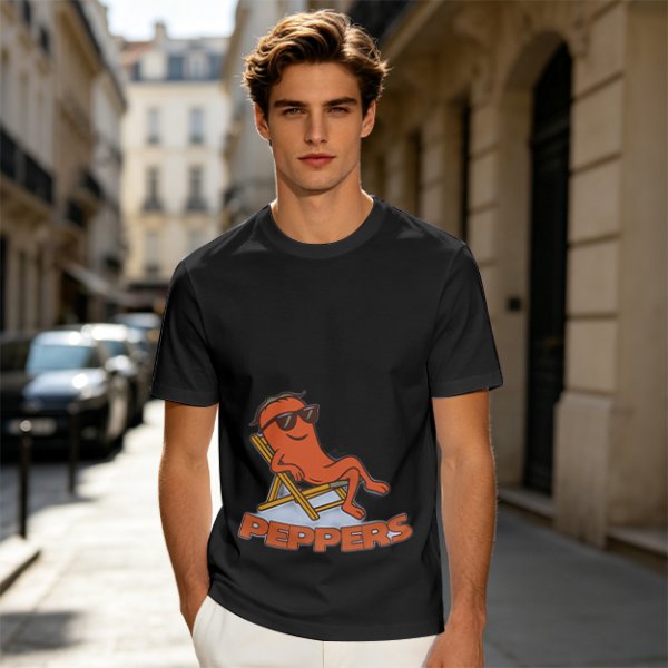 Olive T-shirt with Relaxed Cartoon Chili Pepper Wearing Sunglasses and Peppers Text