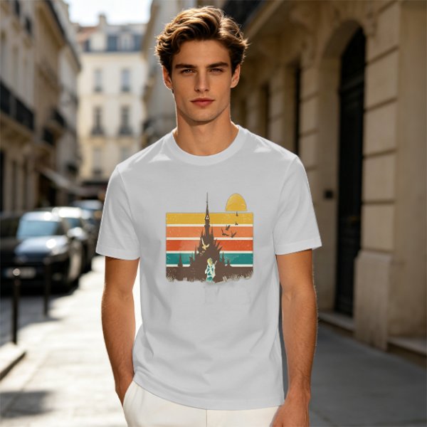Olive T-Shirt With Retro Sunset Fantasy Castle Graphic
