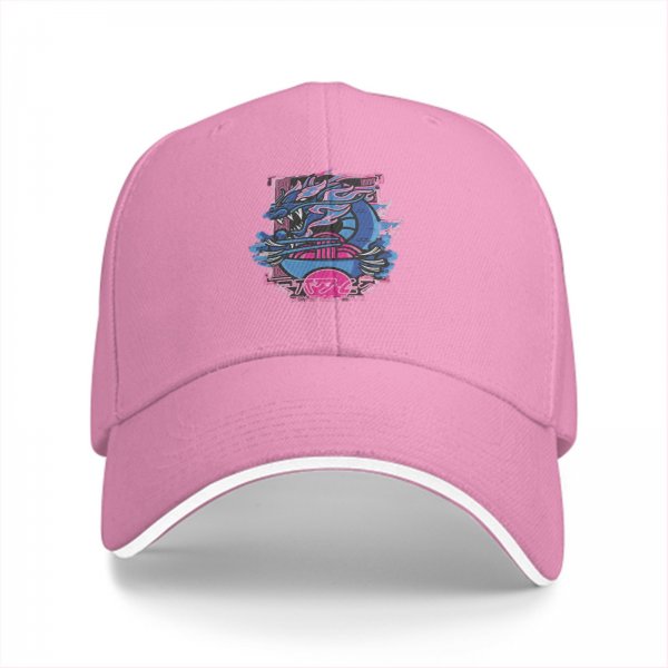 Black Baseball Cap With Neon Blue And Pink Dragon Graphic
