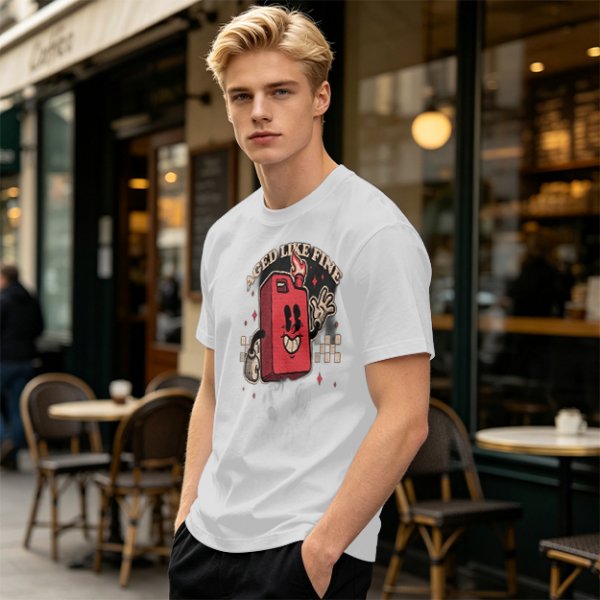 Olive T-Shirt with Retro Cartoon Gas Can 'Aged Like Fine' Print