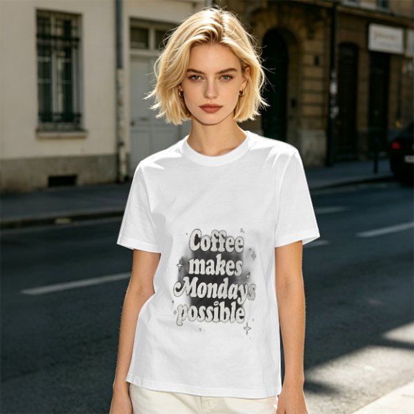 Olive green t-shirt with 'Coffee makes Mondays possible' print
