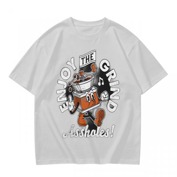 Olive graphic t-shirt with 'Enjoy the grind Assholes' coffee grinder mascot print