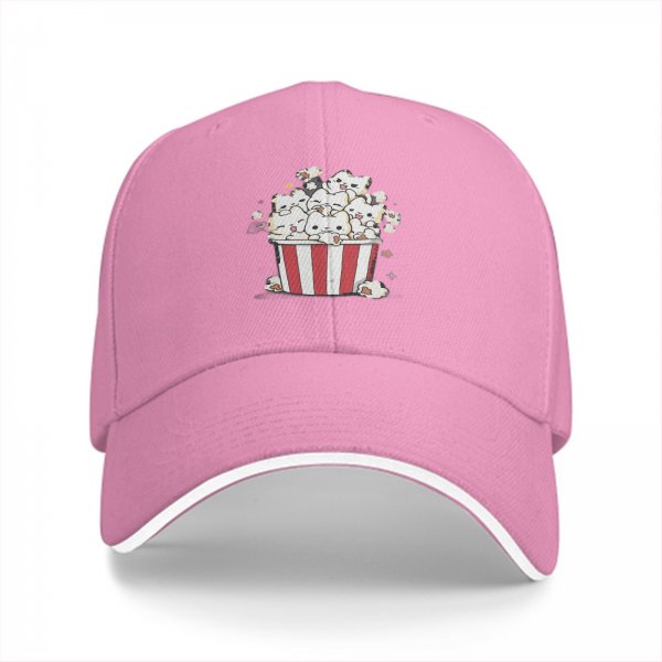Black baseball cap with cute cat popcorn bucket graphic
