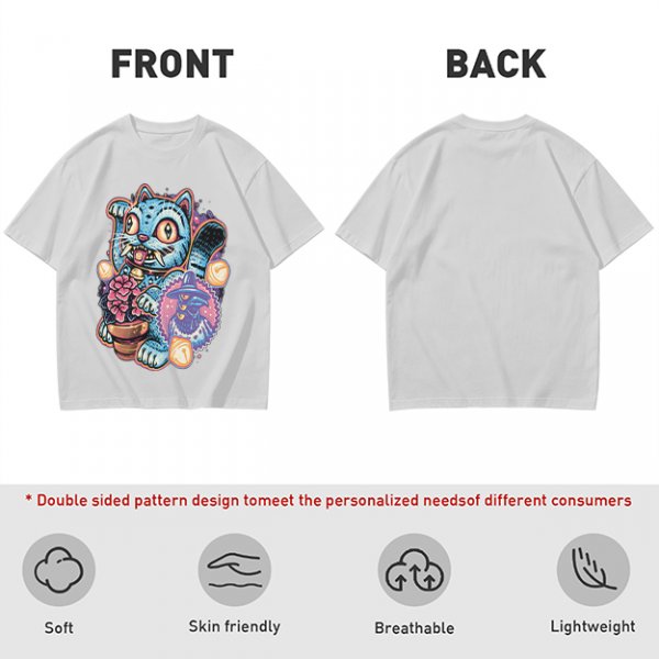 Olive T-Shirt With Maneki-Neko Sabertooth Cat And Crow Art