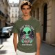 Olive green t-shirt with alien eating pizza text Just Here For The Pizza