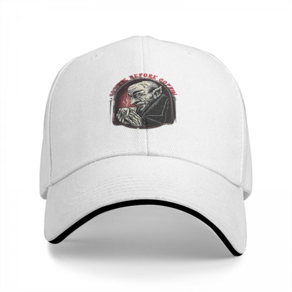 Black baseball cap with vampire drinking coffee 'Coffee Before Coffin' print